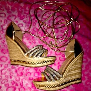 Golden Goddess: Classy Gold Wedge Heels with Lace-Up Detail